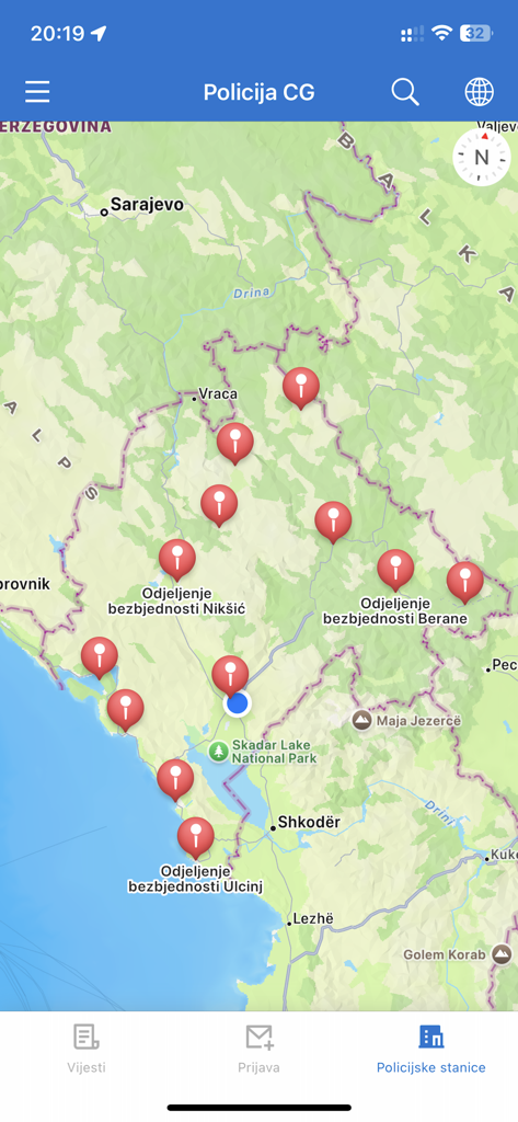 Policija CG - Map display of police station locations in Montenegro within the Policija CG app