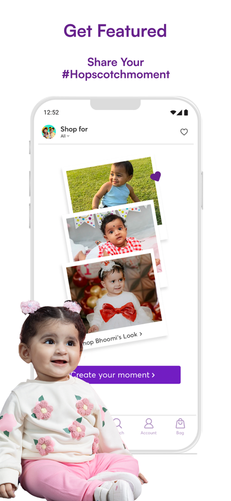 A mobile app interface showing a social community gallery for parents to share photos of their children wearing Hopscotch brand clothing