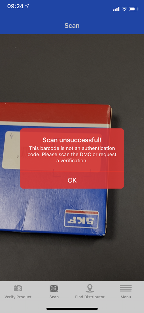 SKF Authenticate - A mobile screen showing a scan unsuccessful error message in the SKF Authenticate app while scanning a product box