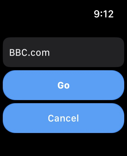 LAZER Browser - LAZER Browser URL entry screen on Apple Watch with BBC.com address