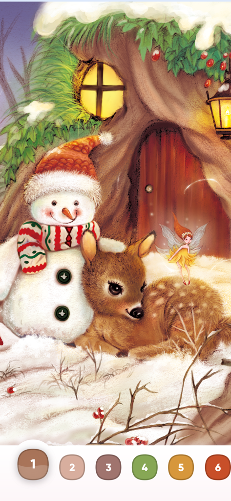 Eine Malen-nach-Zahlen-Winterlandschaft in der Color Time App mit einem Schneemann und einem Reh
