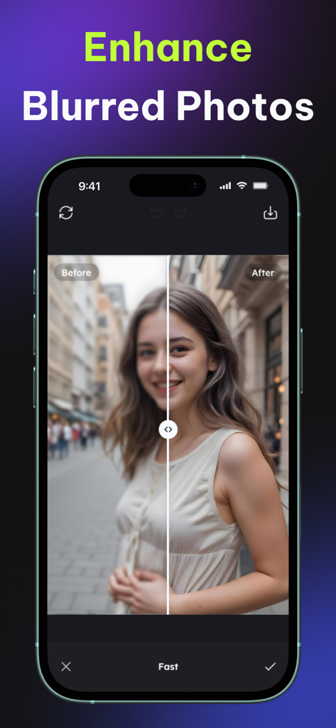 Pixie: AI Photo & Video Editor - Comparación de antes y después de un retrato borroso enfocado con el potenciador de fotos de Pixie AI