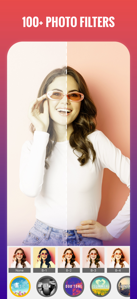 Before and after photo filter comparison in the Quote Maker app interface