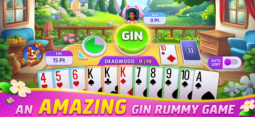 Gin Rummy Frenzy - Card Game - Interfaz del juego móvil Gin Rummy Frenzy con cartas claras y una vista de fondo escénica