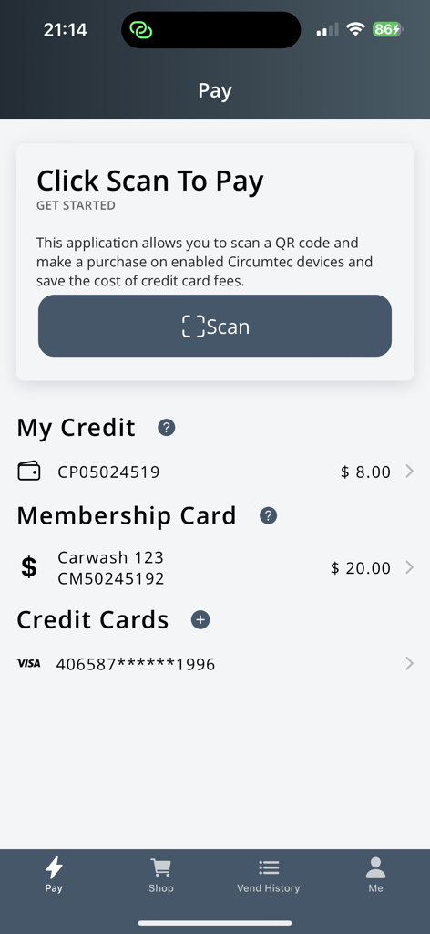 Circum Pay - Circum Pay app screen showing scan to pay feature and mobile wallet balance