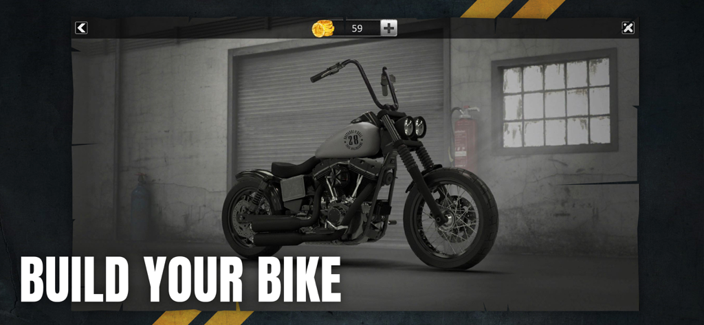 Bloody Roads, California - A custom black and grey motorcycle in a gritty garage with the text Build Your Bike