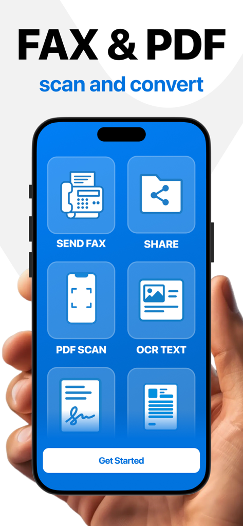 PDF Scanner - Fax, Sign & Edit - Interface d'application mobile de Scanner PDF montrant des icônes pour le fax, le partage, la numérisation et le texte OCR