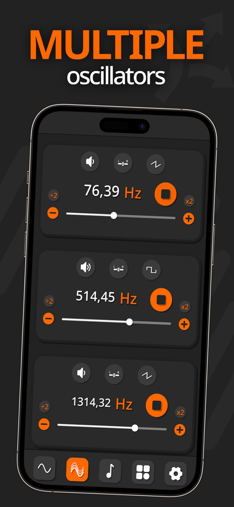 Frequency Sound Wave Generator - App interface showing multiple frequency oscillators with precise decimal Hz settings