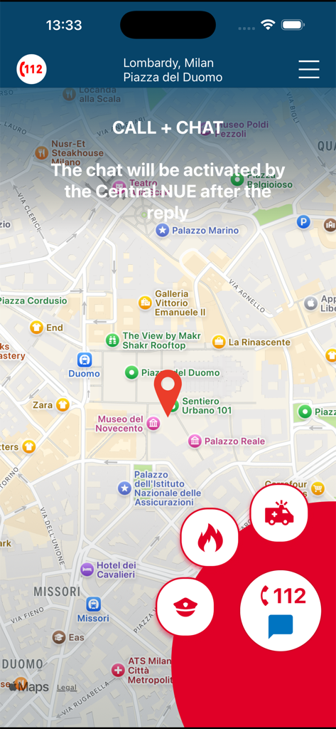 112 Where ARE U - 112 Where ARE U app screen with map of Milan and emergency service buttons for call and chat