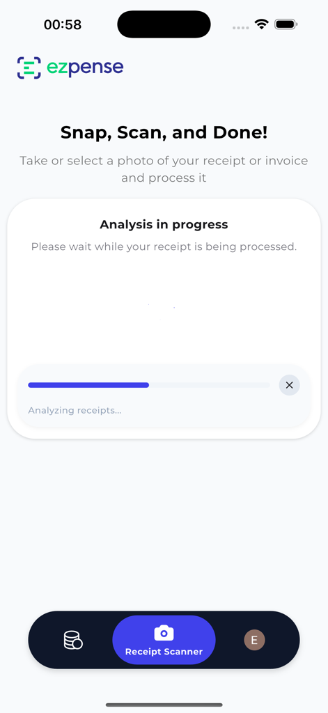 Receipt Scan & Expense Tracker - Ezpense mobile app interface showing a receipt analysis in progress with a blue status bar