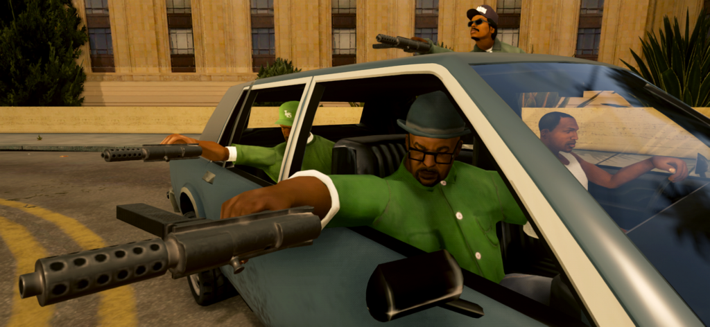 GTA: San Andreas – Definitive - CJ and Grove Street gang members leaning out of a car with guns in GTA San Andreas Definitive