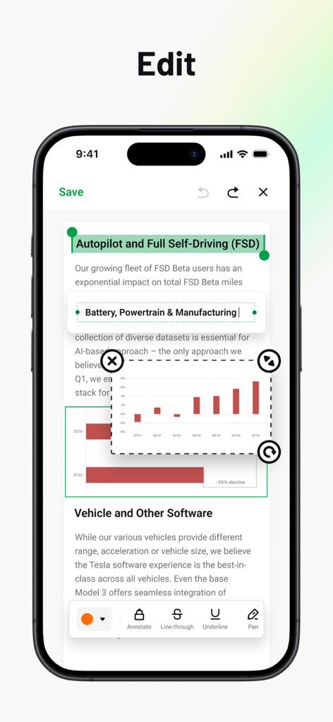 テキストやチャートの操作ツールを備えたドキュメント編集を表示するPDF AIモバイルアプリのインターフェース