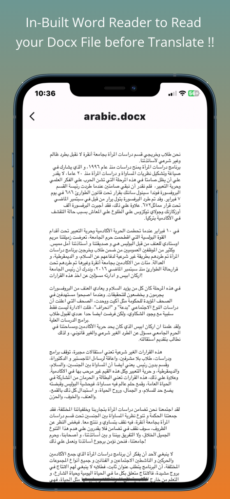 The app's built-in Word reader displaying a docx file with Arabic text for review before translation.