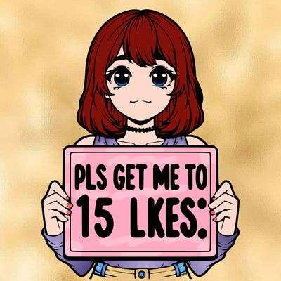 realistic girl holding up a sign that says “pls get me to 15 likes!”