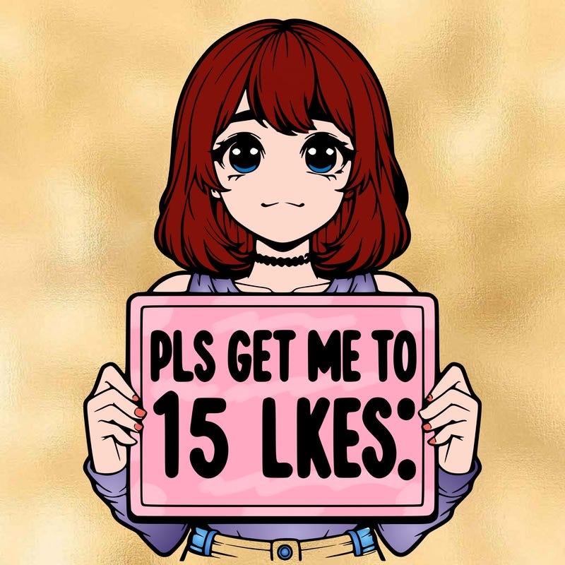realistic girl holding up a sign that says “pls get me to 15 likes!”