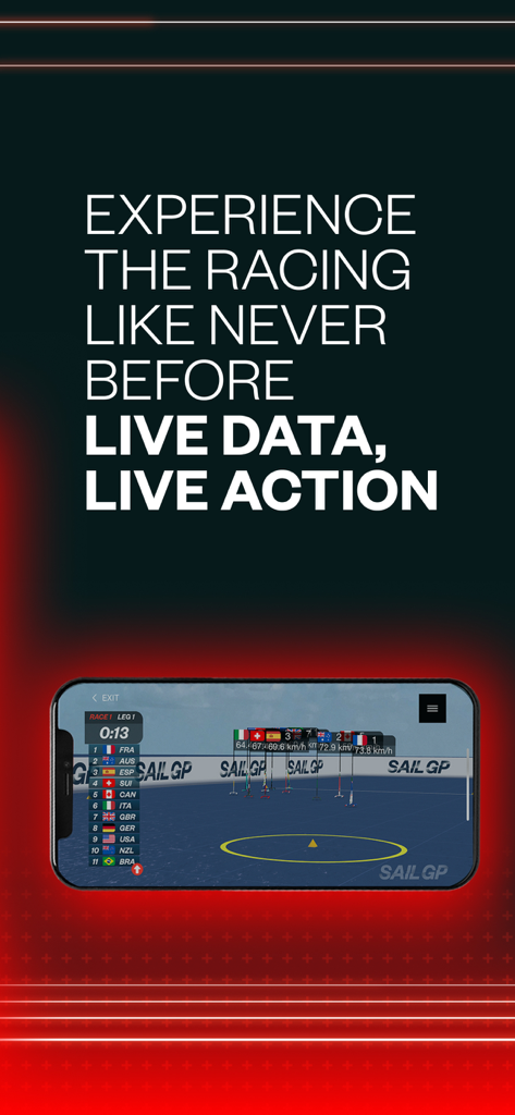 SailGP app interface on a smartphone showing live sailing race telemetry and leaderboard