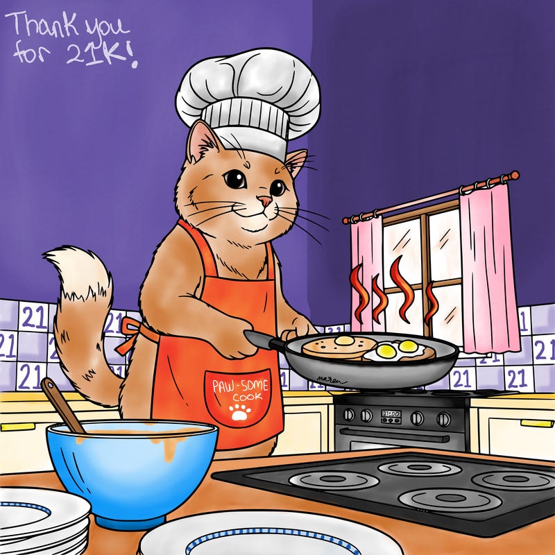 a cat wearing a apron and chef hat in a kitchen cooking breakfast