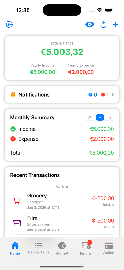 iMoney app dashboard showing total balance and multi-currency expense summary