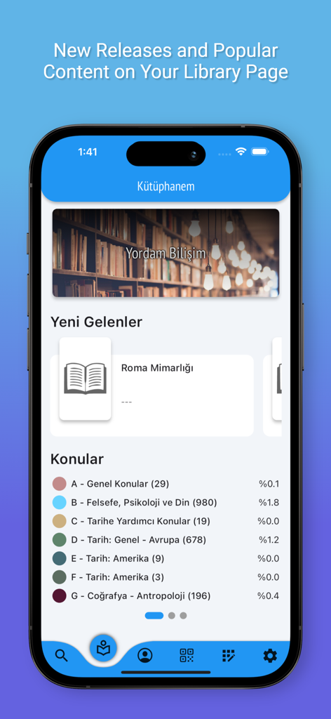 Interface of the Cep Kütüphanem app showing new library books and subject categories on a mobile screen.