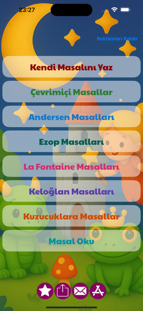 Main menu of a Turkish fairytale app for children with colorful illustrations and story categories