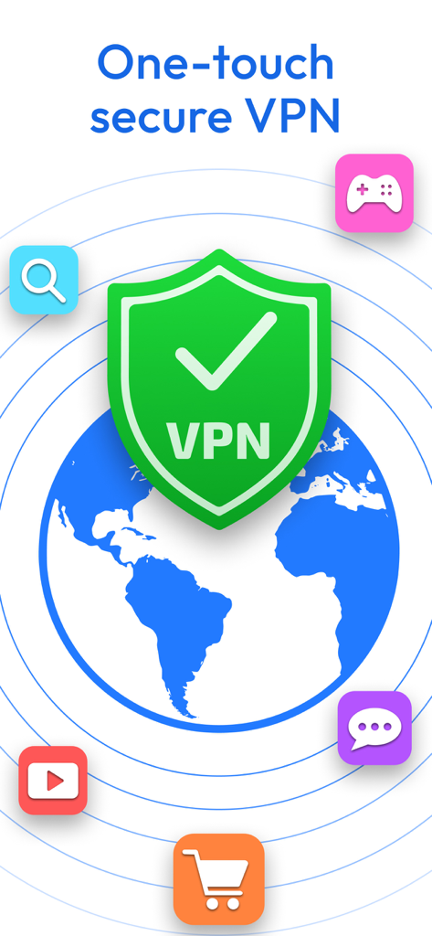 Secure VPN & Fast Proxy Master - 게임, 스트리밍 및 쇼핑 아이콘이 있는 지구본 위에 있는 안전한 VPN 녹색 방패를 보여주는 그래픽