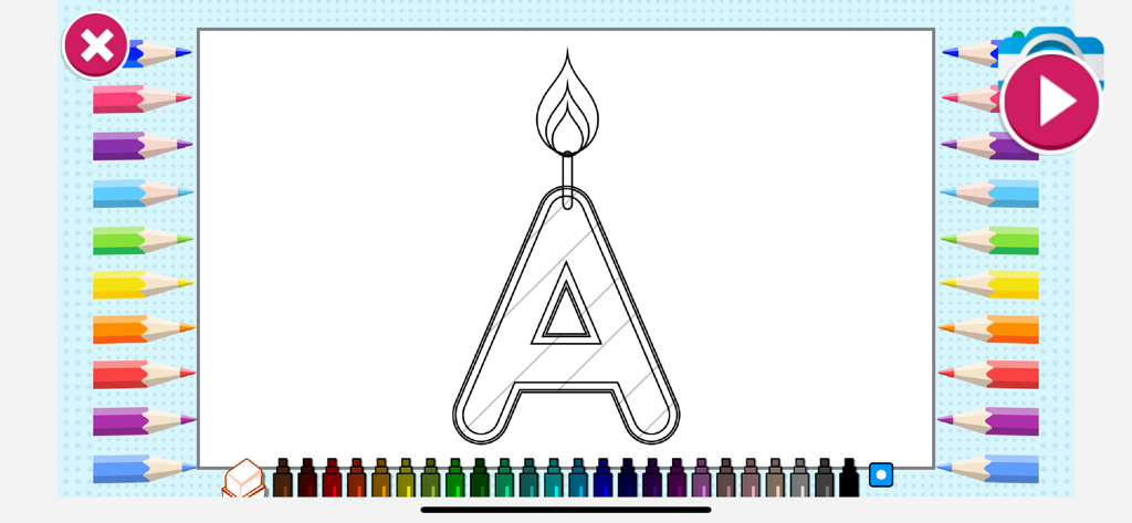 Learning Preschool Kids Games - A coloring activity screen from a kids learning app showing a candle shaped letter A with colored pencils