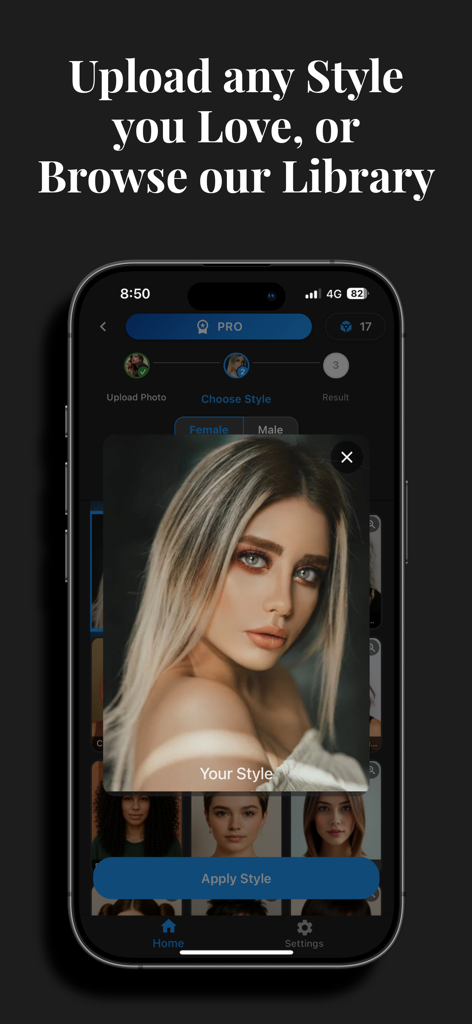 HairLook - Hairstyle Try On - Um smartphone mostrando a tela do aplicativo HairLook onde os usuários podem carregar suas próprias fotos de inspiração de penteado ou navegar em uma biblioteca para experimentar com IA.