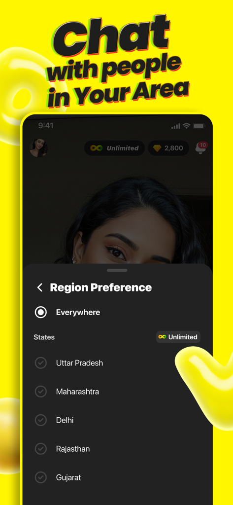 App di chat video Vividi che mostra le impostazioni di preferenza della regione per il matchmaking basato sulla posizione.