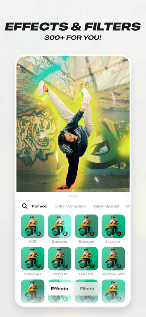 Blurrr-Music video editor - Interface of the Blurrr app showing over 300 effects and filters with a glowing aura effect on a breakdancer