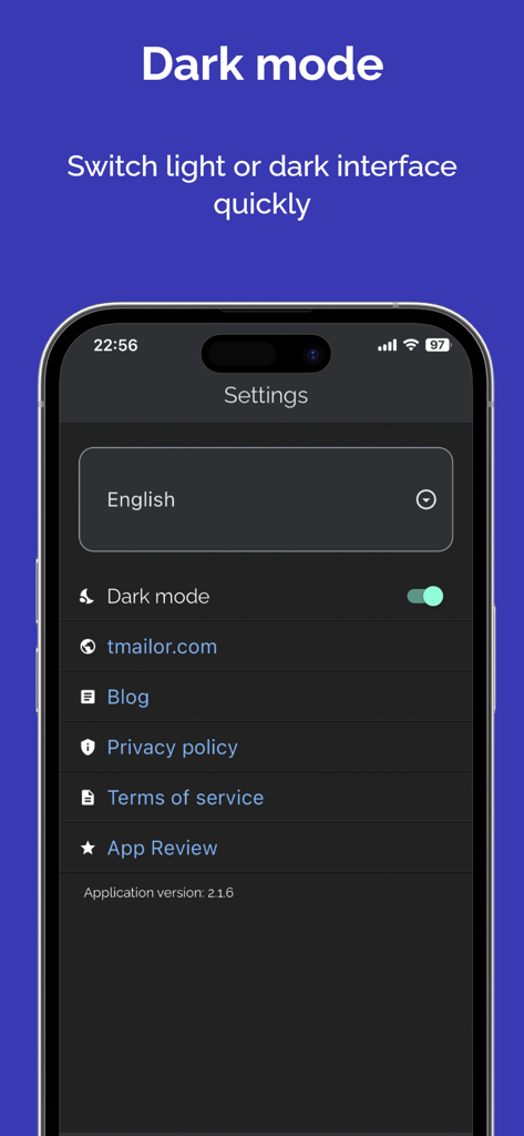 Menu des paramètres de l'application Temp Mail avec le mode sombre activé