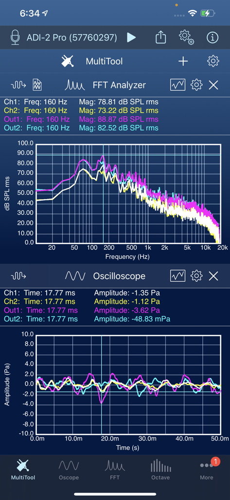 SignalScope X - MultiTool do SignalScope X exibindo um analisador de espectro FFT e osciloscópio em tempo real para engenharia de áudio profissional.