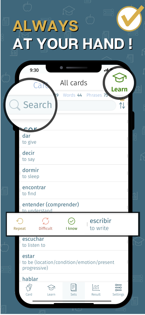 A smartphone screen displaying the MemoWord app interface with a searchable list of Spanish vocabulary flashcards.