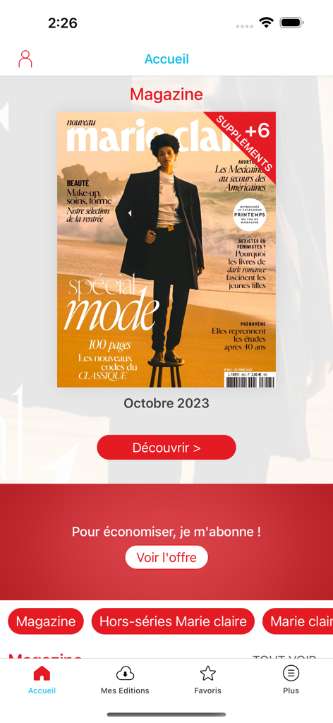 Marie Claire France app home screen displaying the October 2023 fashion magazine cover