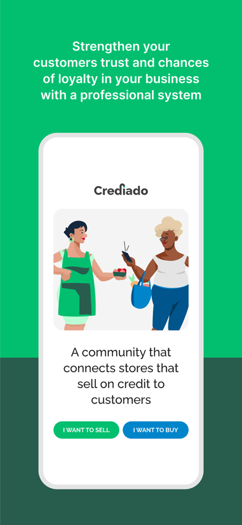 Crediado - Sales management - Uma tela promocional para o aplicativo Crediado destacando a confiança e lealdade do cliente através de um sistema profissional de vendas a crédito para pequenas empresas