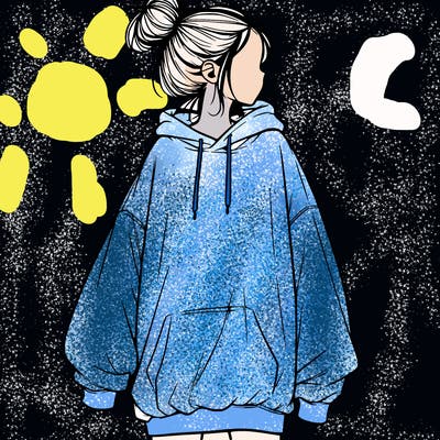 realistic girl with a oversized sweatshirt on and a bun