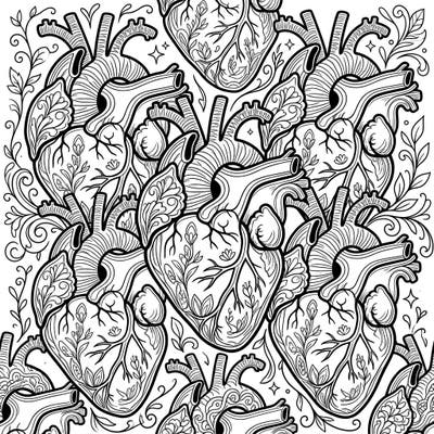 Explore the fascinating beauty of human anatomy with this intricate anatomical hearts coloring page. Designed for adults, it offers a detailed and therapeutic artistic escape.