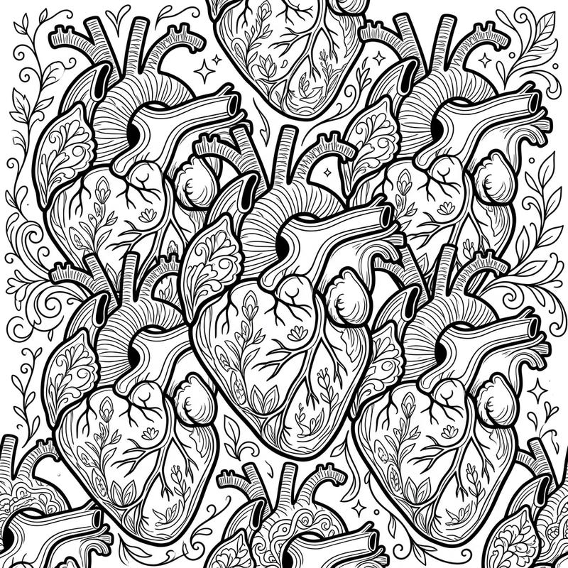 Explore the fascinating beauty of human anatomy with this intricate anatomical hearts coloring page. Designed for adults, it offers a detailed and therapeutic artistic escape.