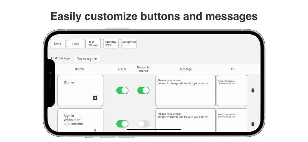 Interface for customizing check-in buttons and automated visitor messages in the Reception App