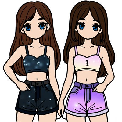 two sisters with crop tops and jean shorts and straight hair
