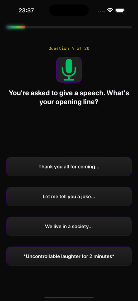 Clown Path - A personality test question screen in the Clown Path app featuring a dark neon aesthetic and provocative multiple choice answers.