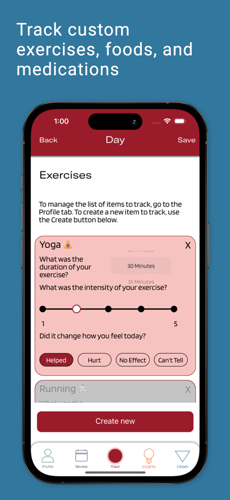Phendo - A screenshot of the Phendo app showing a tracking screen for custom exercises like yoga with options to record duration intensity and impact on health