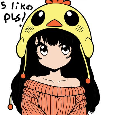 anime girl with chick shaped hat with sweater with bare shoulders with bangs covering them one eye with low tail