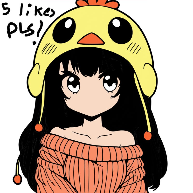 anime girl with chick shaped hat with sweater with bare shoulders with bangs covering them one eye with low tail