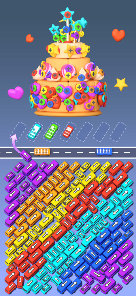 Screw Parking - Escape games - Gameplay screenshot of Screw Parking showing colorful cars in a parking jam and a tiered cake with matching colored screws.