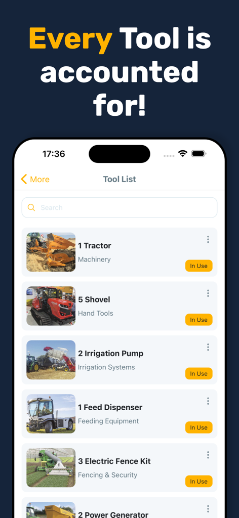 Livestock Manager Farm Tracker - A list of farm equipment and tools being tracked in the Livestock Manager app