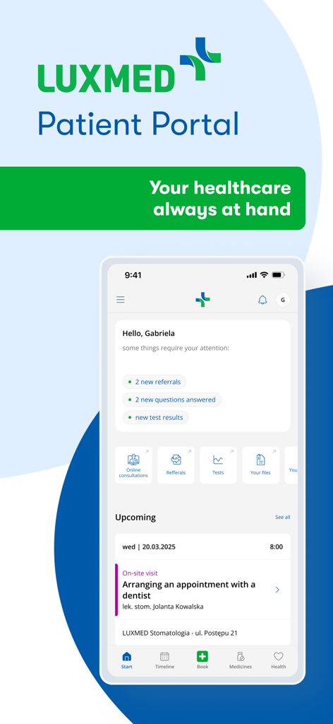 Luxmed Patient Portal mobile app home screen showing patient notifications and upcoming appointments