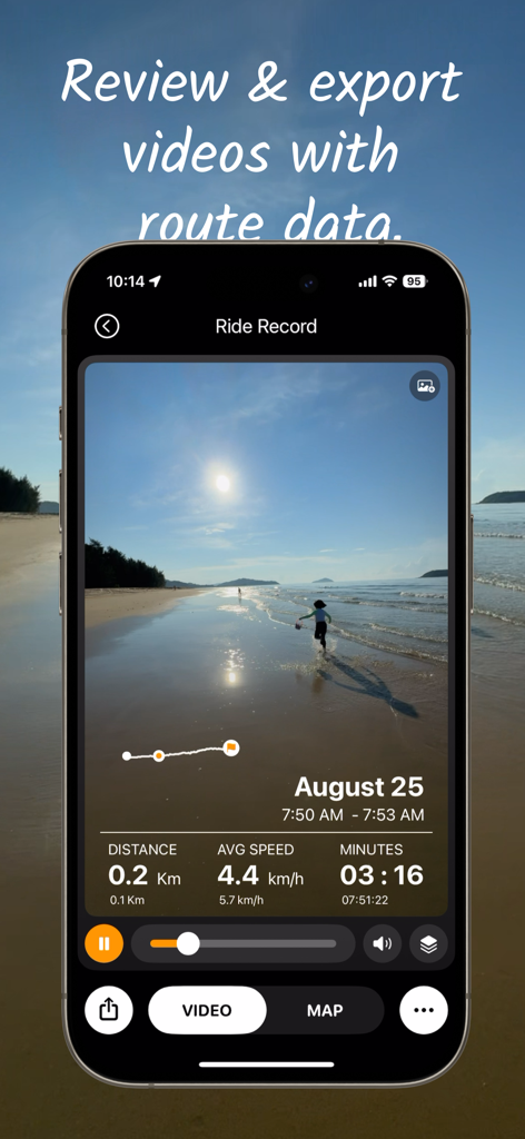 CycleHUD - speed route tracker - Interface do aplicativo CycleHUD mostrando um registro de passeio com reprodução de vídeo e sobreposições de dados como distância e velocidade média.