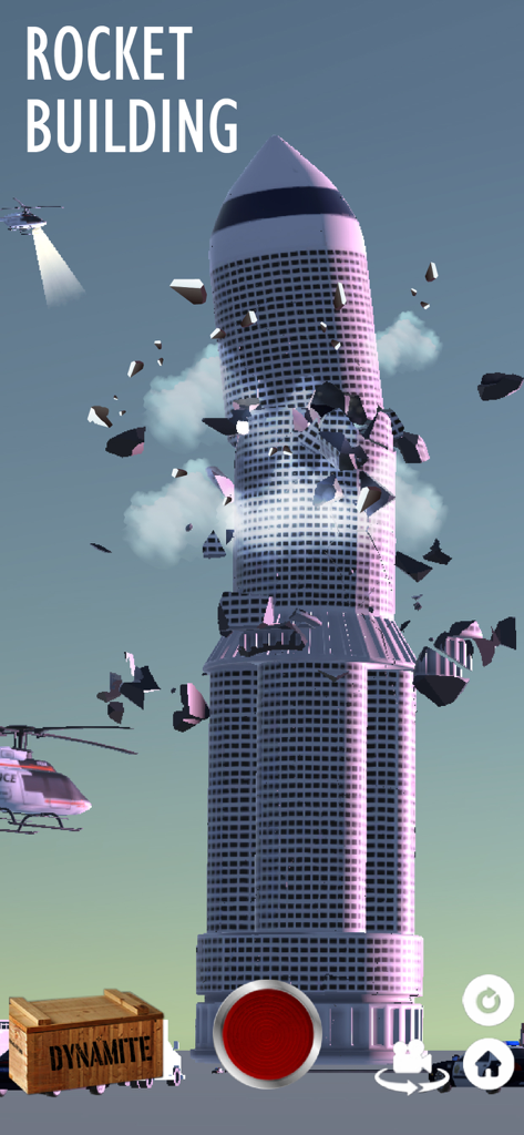 Gameplay screenshot of Fake Island Demolish showing the demolition of a rocket shaped skyscraper with flying debris