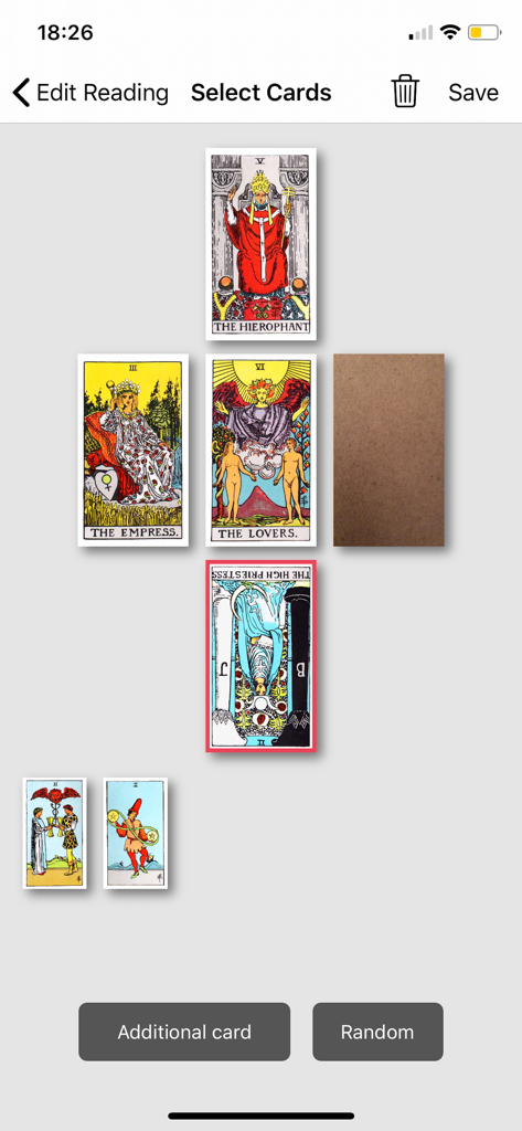 Tarot Journal - A digital tarot card spread interface within the Tarot Journal app featuring various cards like The Hierophant and The Lovers