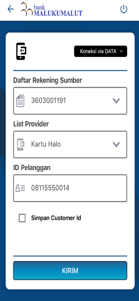 Bank Maluku Malut Mobile - Pantalla de pago de facturas en la aplicación Bank Maluku Malut Mobile mostrando cuenta de origen y selección de proveedor.